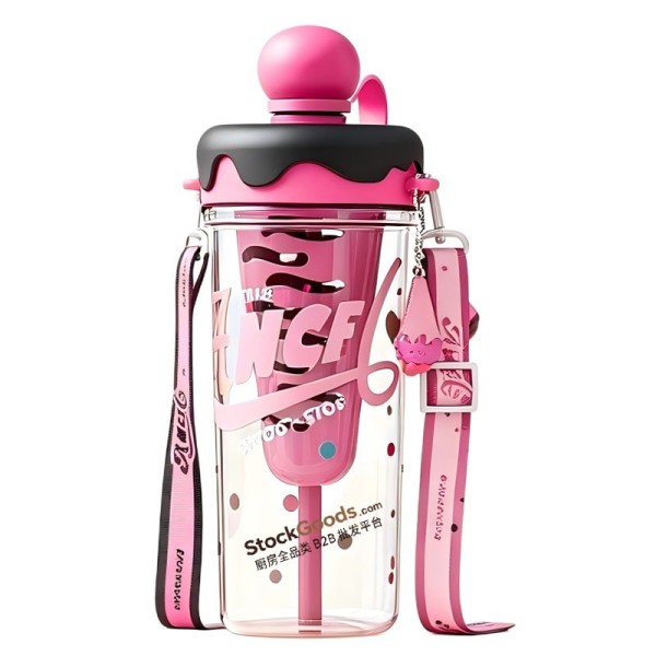 880ml Fuchsia Ice Cream Lid Letter Print Straw Cup with Shoulder Strap & Tea Filter